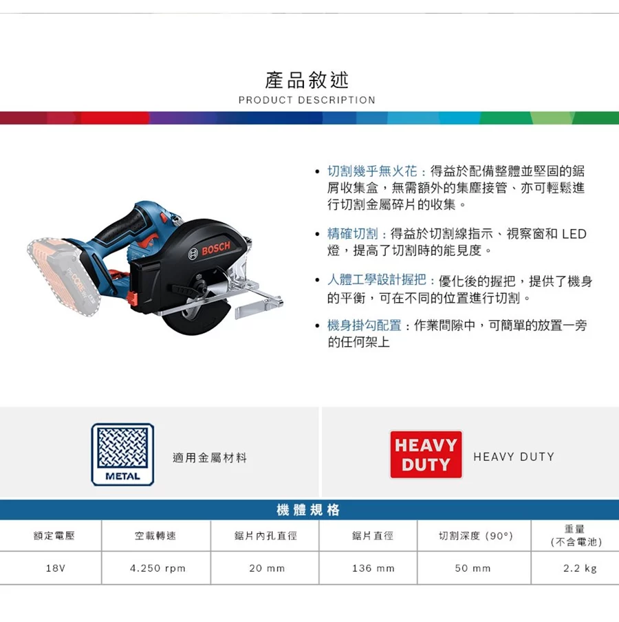 【高雄達順】BOSCH 博世 18V鋰電鐵工圓鋸機 GKM 18V-50 (空機)