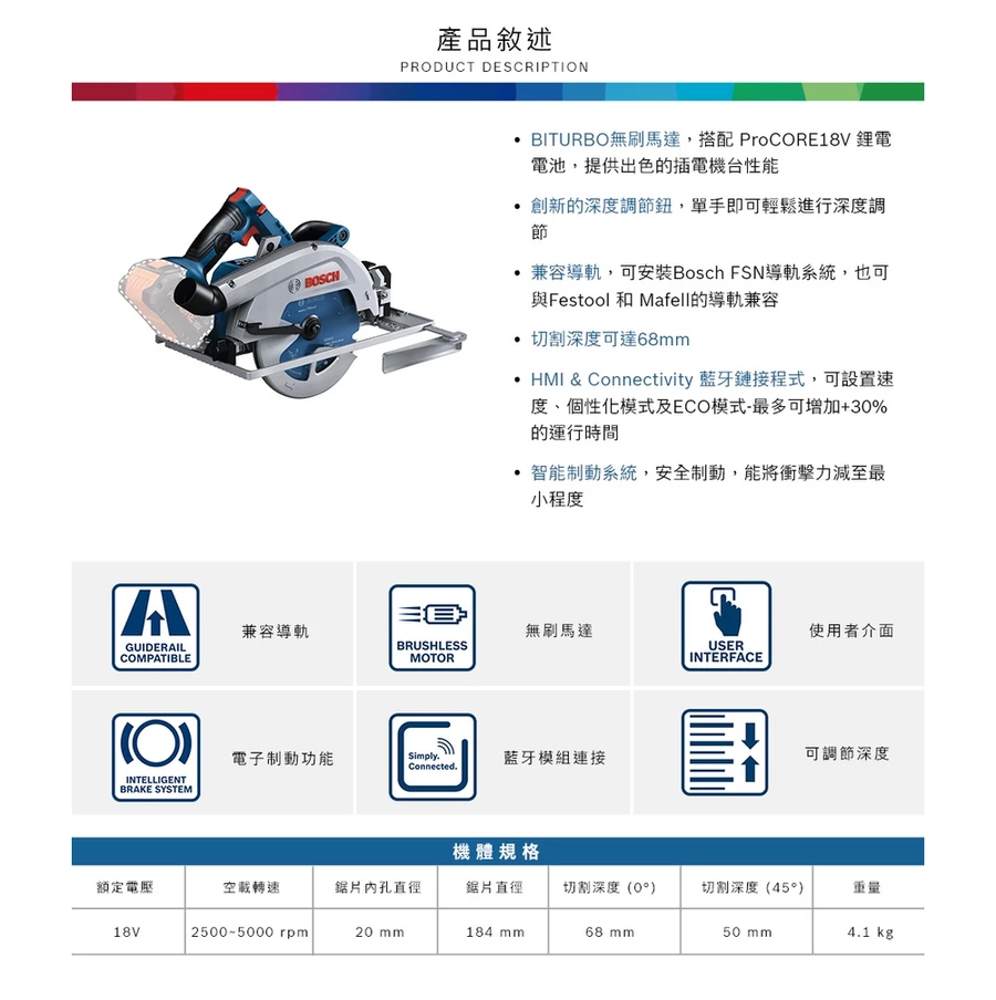 【高雄達順】BOSCH 博世 BITURBO 雙渦輪免碳刷圓鋸機 GKS 18V-68 GC(單機)