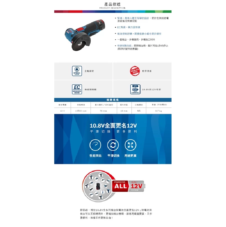 【高雄達順】BOSCH 博世 12V 鋰電無碳刷手提圓切機GWS 12V-76