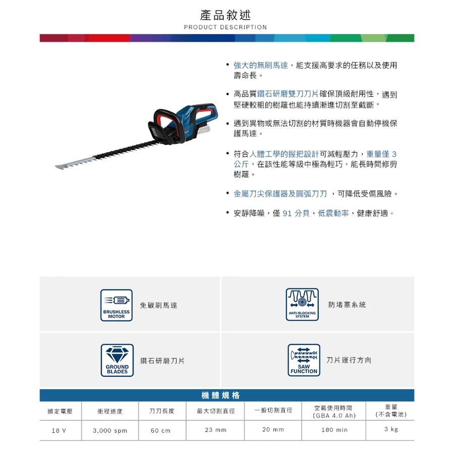 【高雄達順】BOSCH 博世 18V 免碳刷雙刃修離機 GHE 18V-60(單主機)