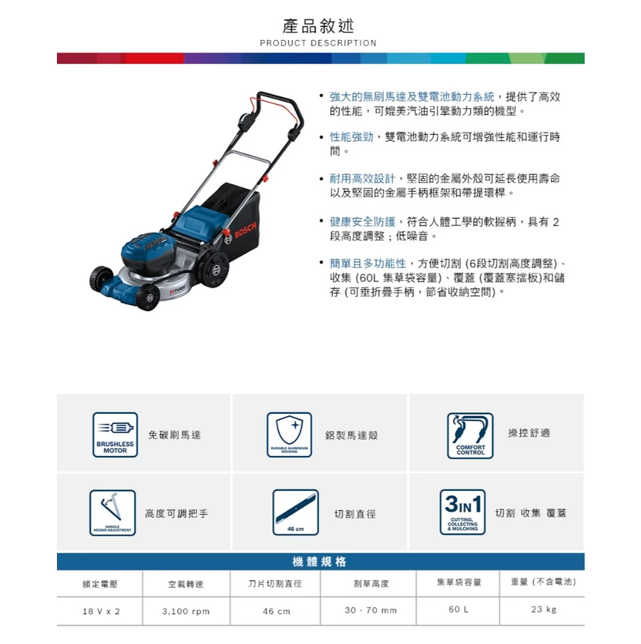 【高雄達順】BOSCH 博世 BITURBO 雙渦輪免碳刷手推割草機 GRA 18V2-46(單主機)
